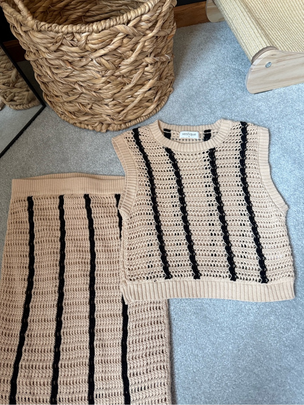 vestique Beige Crochet Knit Two-Piece Set with Black Stripes - Picture 1 of 4